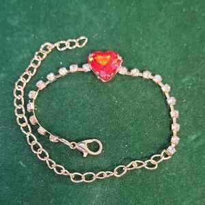 Gold Tone Heart Bracelet Red & White Gemstone 5"+4" Ext New